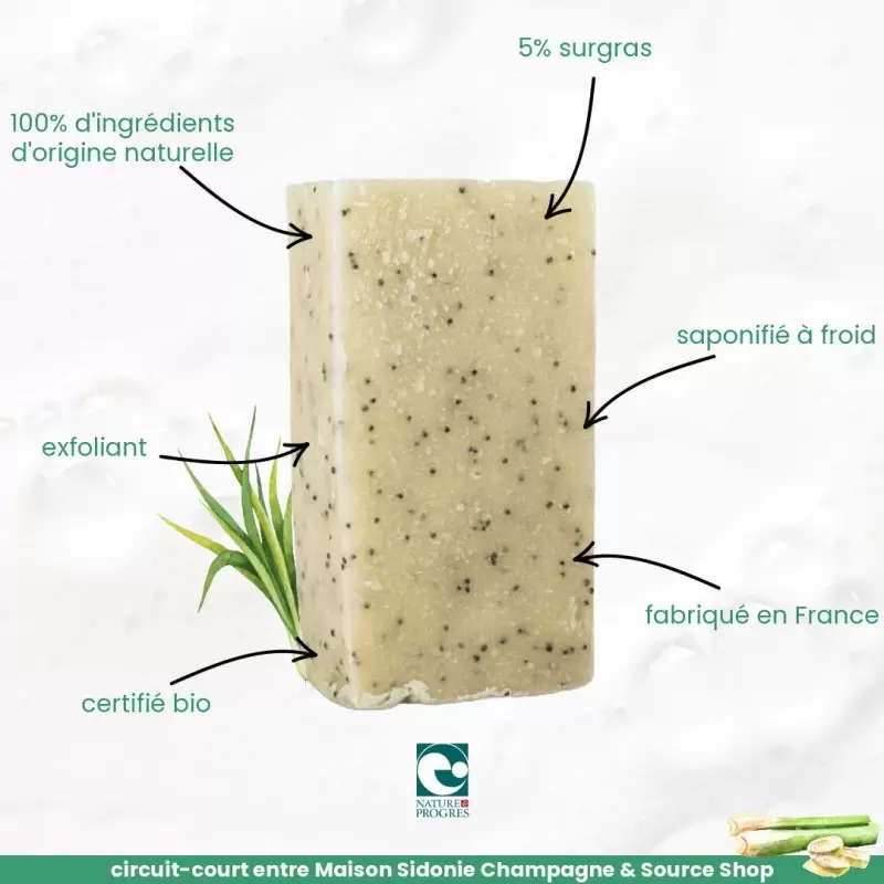 Savon exfoliant BIO à la Citronnelle - 200g - Maison Sidonie Champagne