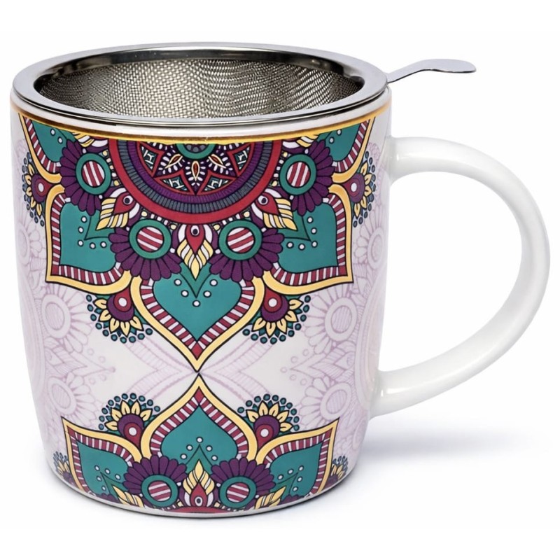 Mug à infusion en porcelaine Mandala turquoise + filtre en inox