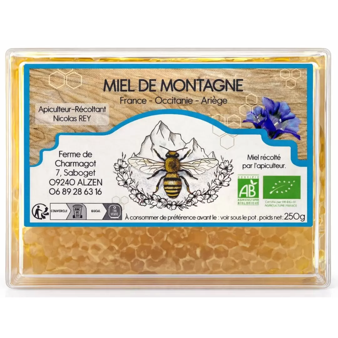 Miel en rayon de Montagne BIO des Pyrénées - Ferme de Charmagat
