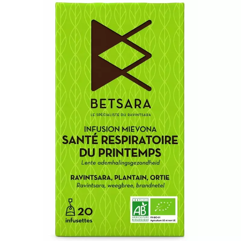 Infusion bio Santé Respiratoire du Printemps au ravintsara, plantain, ortie - Mievona de Betsara