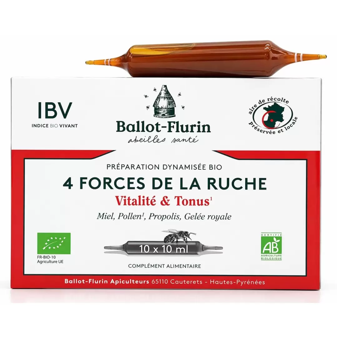 Ampoules Vitalité & Tonus Bio au miel, pollen, propolis et gelée royale - 4 Forces de la Ruche | Ballot Flurin