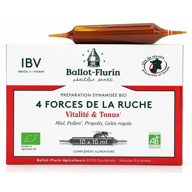 Ampoules Vitalité & Tonus Bio au miel, pollen, propolis et gelée royale - 4 Forces de la Ruche | Ballot Flurin