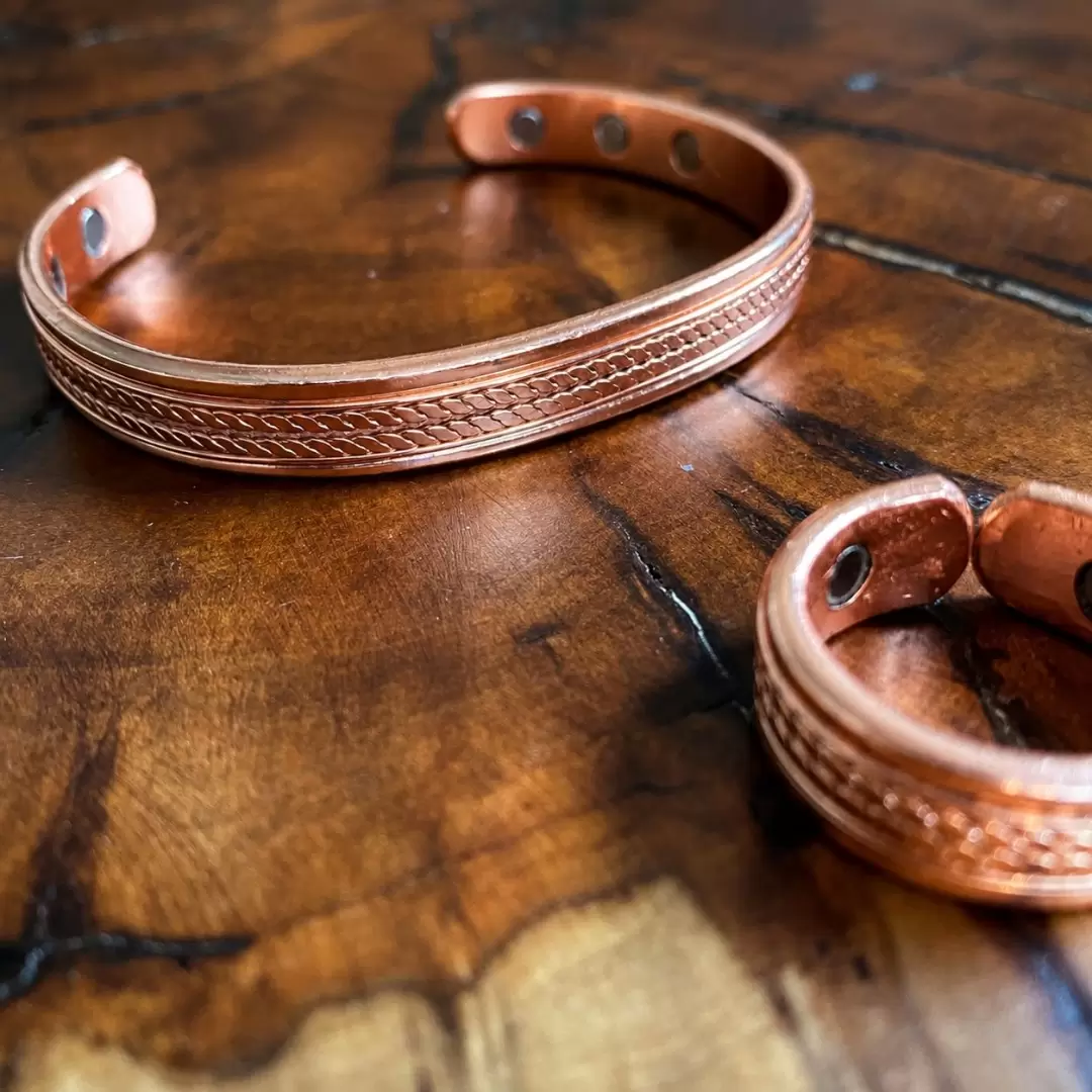 Ensemble bracelet & bague cuivre magnétique – Cuivre pur brossé