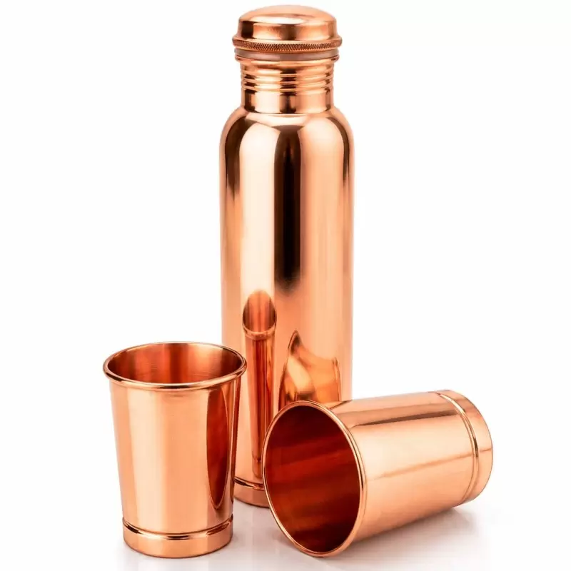 Coffret gourde cuivre lisse 950ml + 2 verres cuivre pur 300ml assortis ayurveda