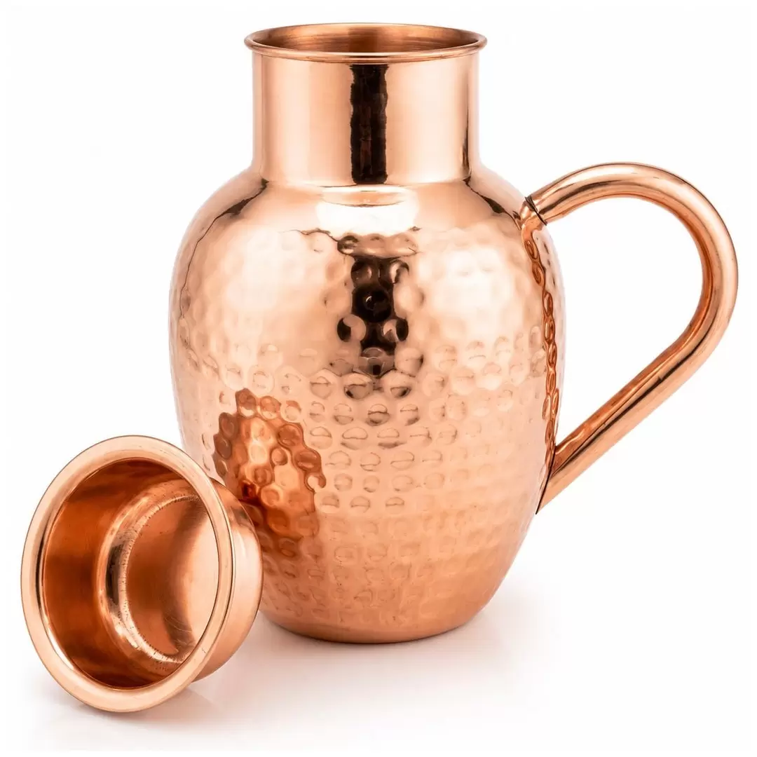 Carafe en cuivre pur martelé 1.5L  avec couvercle – Pichet eau ayurvédique