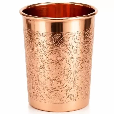Verre en cuivre pur 300ml avec gravure florale artisanale pour eau cuivrée et Ayurveda
