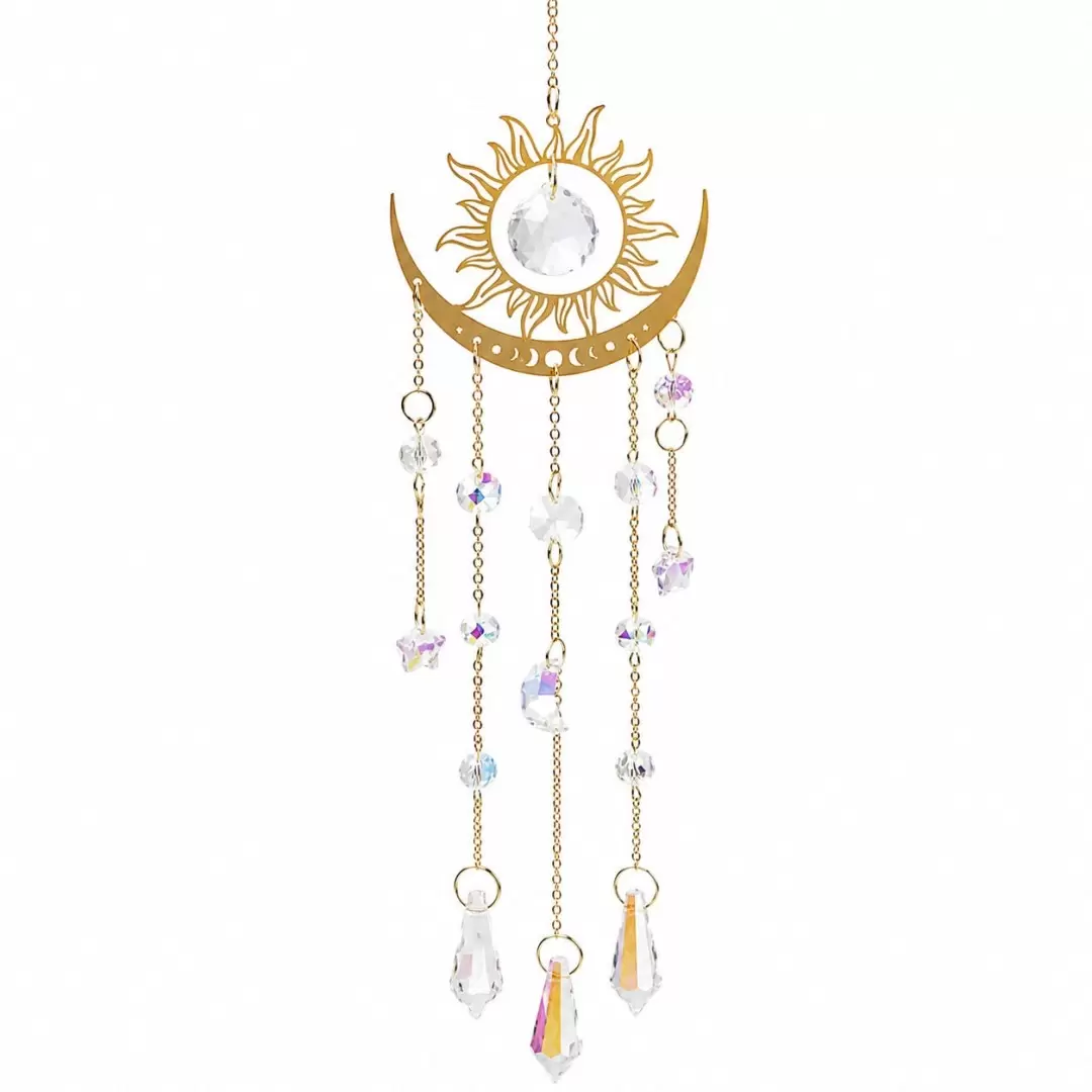 Attrape-soleil Soleil & Lune doré avec cristaux - 44 cm