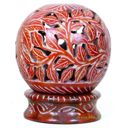 Bougeoir globe en pierre - Feuilles rouges