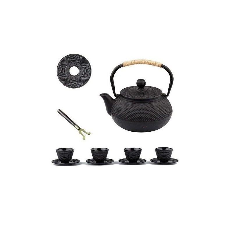 Service à thé: Théière Tetsubin + 4 tasses + assiette + porte couvercle