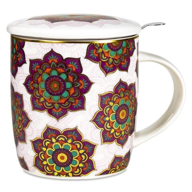 Mug à infusion en porcelaine avec filtre en inox - Mandala rouge