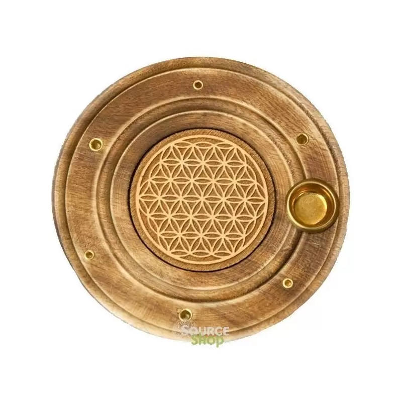 Porte encens rond en bois avec fleur de vie - 10 cm