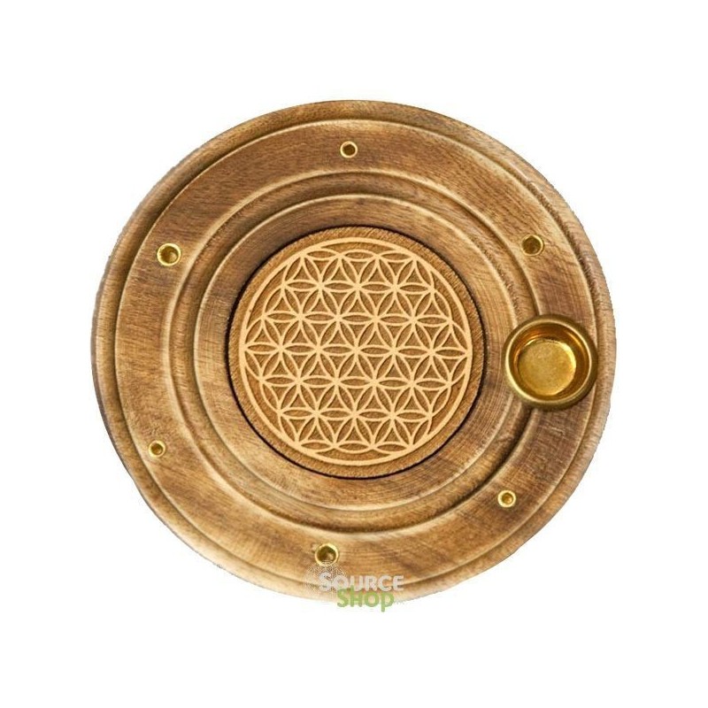 Porte encens rond en bois avec fleur de vie - 10 cm
