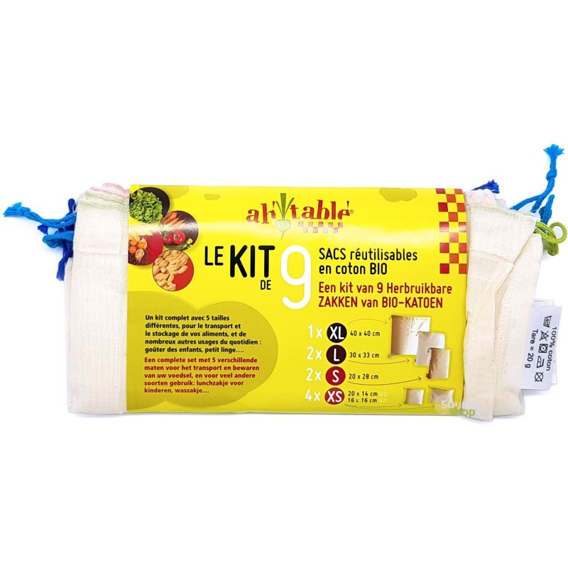 Kit 9 sacs coton BIO réutilisables pour aliments vrac - Ah! Table!