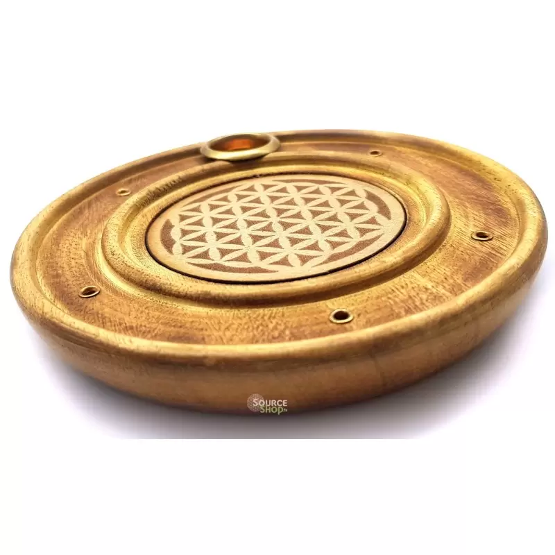 Porte encens rond en bois avec fleur de vie - 10 cm