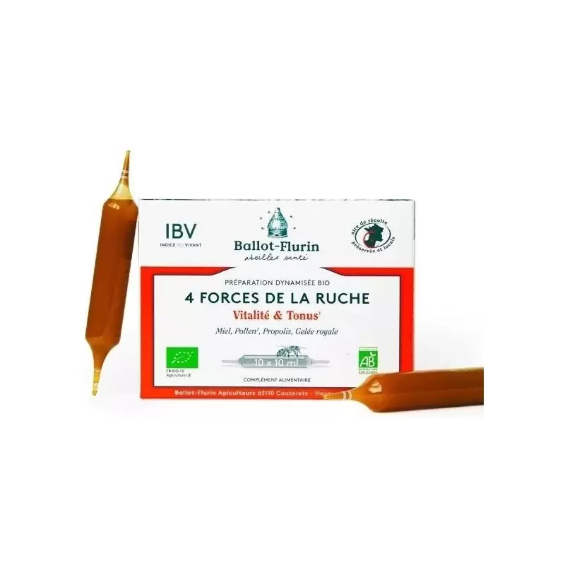 Ampoules Vitalité & Tonus Bio au miel, pollen, propolis et gelée royale - 4 Forces de la Ruche | Ballot Flurin