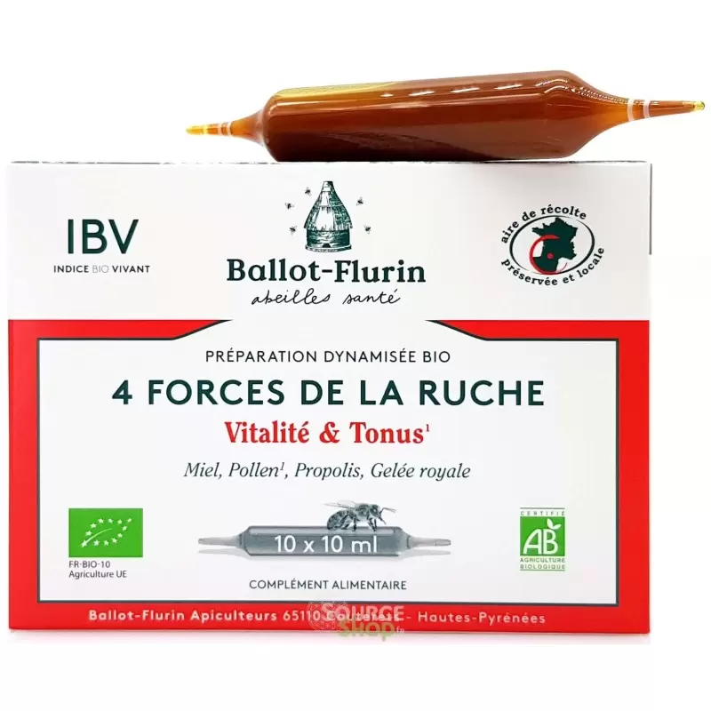 Ampoules Vitalité & Tonus Bio au miel, pollen, propolis et gelée royale - 4 Forces de la Ruche | Ballot Flurin