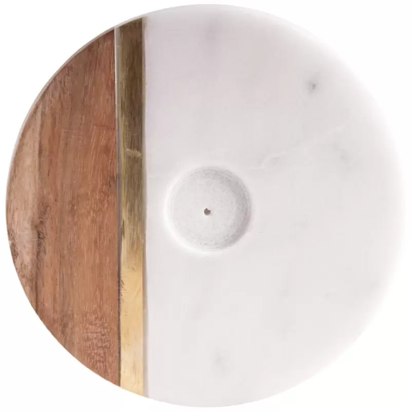 Porte encens rond en marbre, bois & laiton