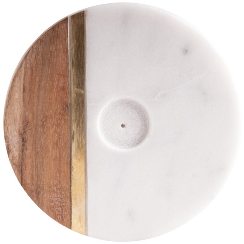Porte encens rond en marbre, bois & laiton