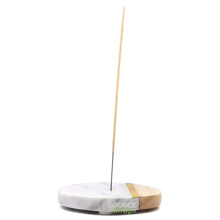 Porte encens rond en marbre, bois & laiton
