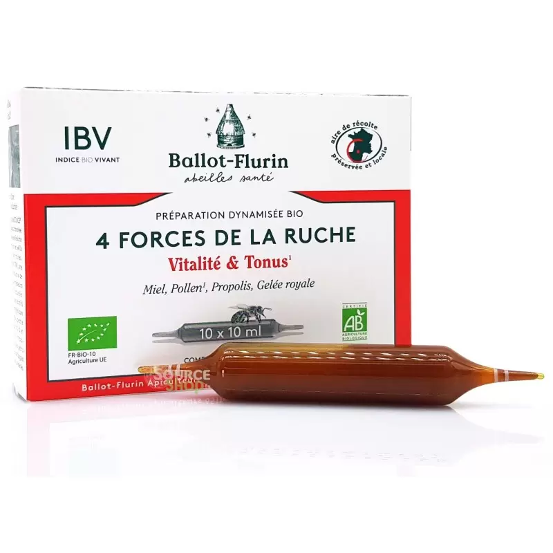Ampoules Vitalité & Tonus Bio au miel, pollen, propolis et gelée royale - 4 Forces de la Ruche | Ballot Flurin