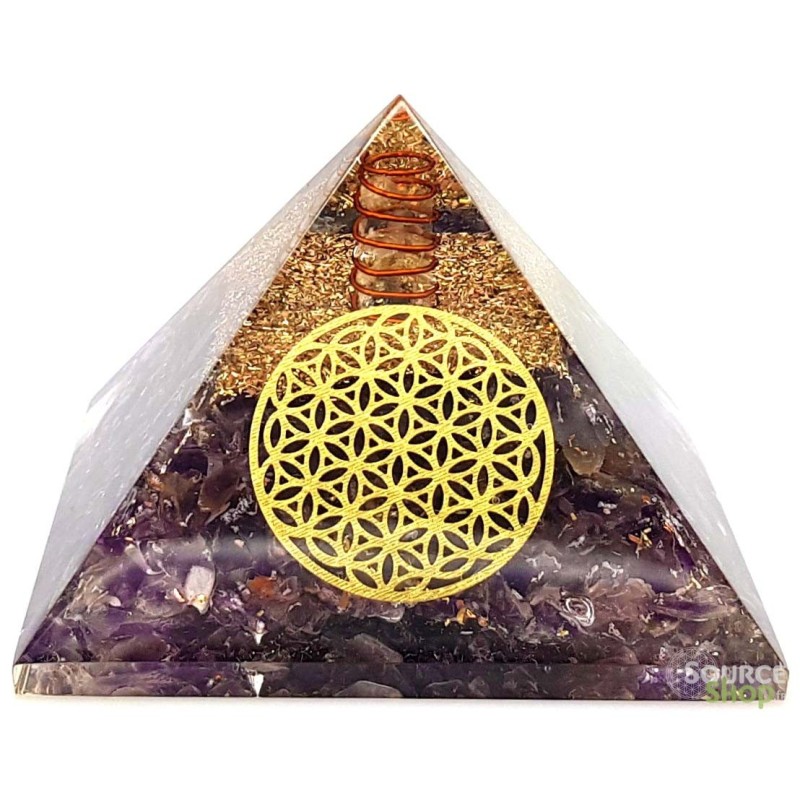 Pyramide orgonite Améthyste Fleur de Vie