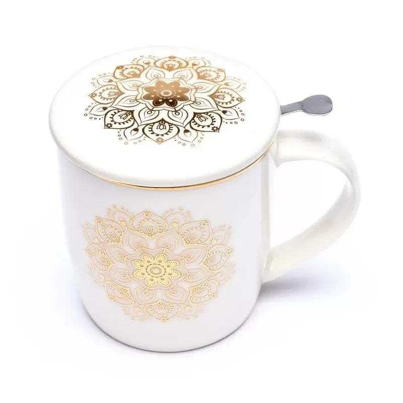 Mug à infusion en porcelaine avec filtre en inox - Mandala or