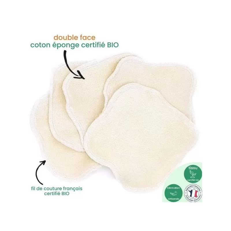Lot de 5 Lingettes double face réutilisable & lavable - coton éponge BIO