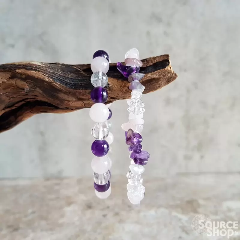 Bracelet triangle d'or : améthyste, cristal de roche, quartz rose