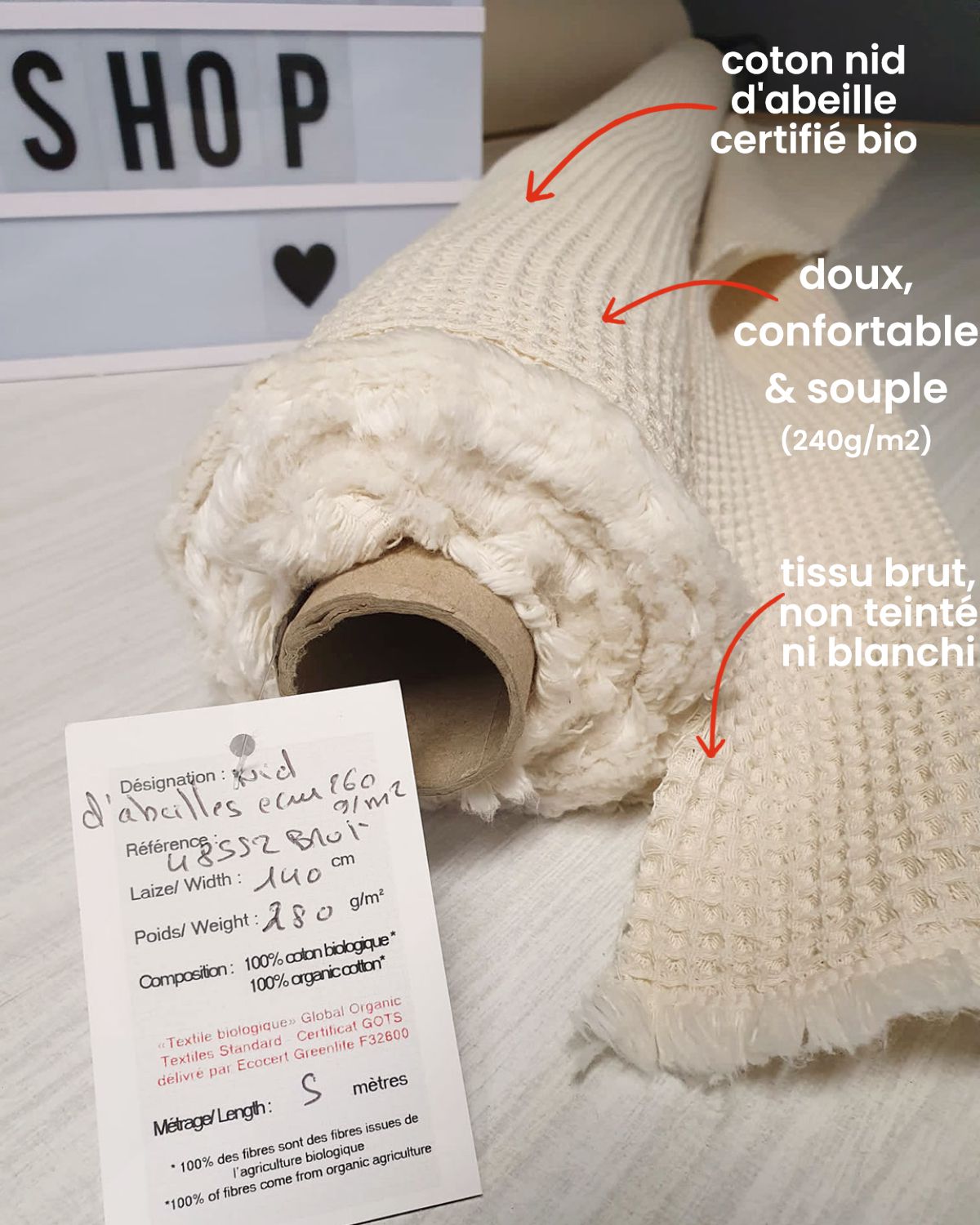 Tissu nid d'abeille coton bio pour la confection des torchons de cuisine Source Shop