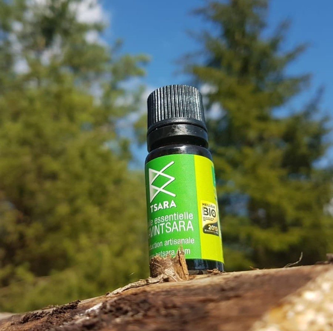 Flacon d’huile essentielle de ravintsara bio – antivirale et immunostimulante
